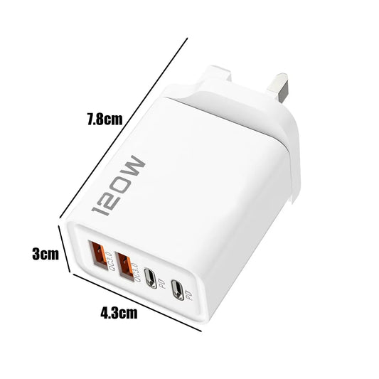 120W 4-Port USB Fast Charger – Type-C & USB Adapter for Phones