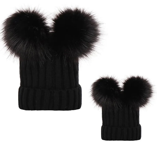Winter Women Beanie Hats Faux Fur Ball Mother Kids Hats for Girls Boys Warm Knitted Bobbles Woman Cap Teenager Grils Beanies