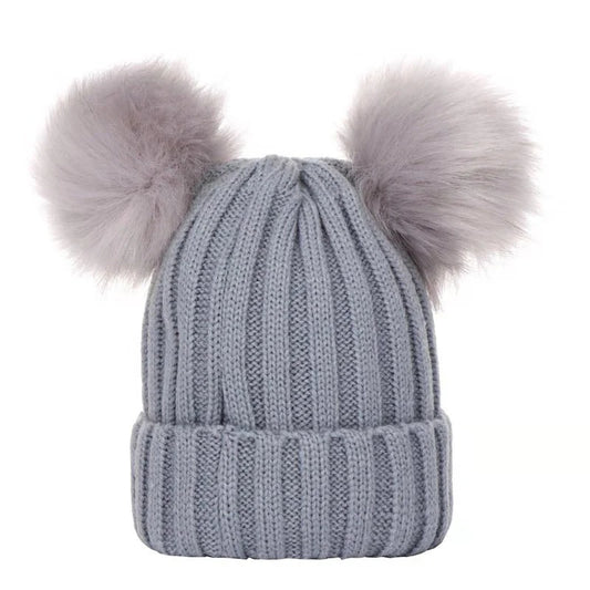 Winter Women Beanie Hats Faux Fur Ball Mother Kids Hats for Girls Boys Warm Knitted Bobbles Woman Cap Teenager Grils Beanies