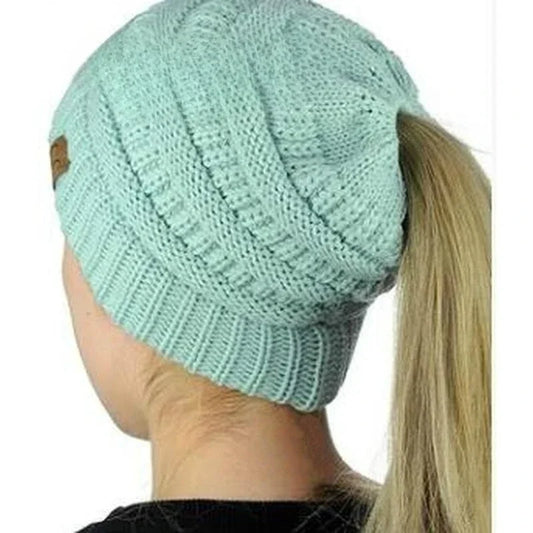 Women Winter Stretch Crochet Knitted Hat Messy Bun Ponytail Beanie Holey Warm Caps Solid Color Fashion Knit Cap Skullies