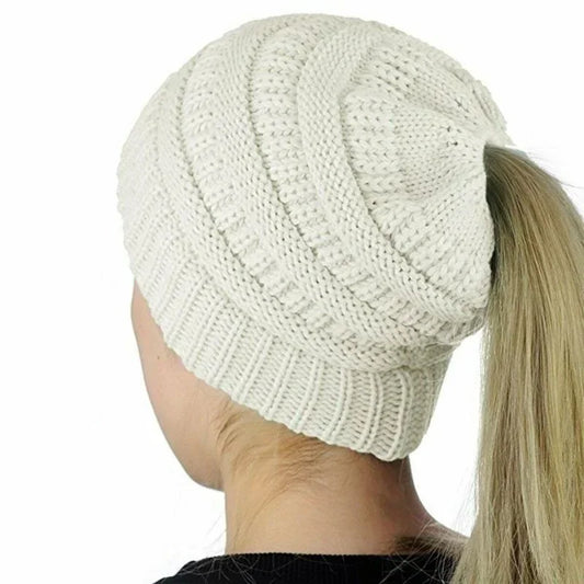 Women Winter Stretch Crochet Knitted Hat Messy Bun Ponytail Beanie Holey Warm Caps Solid Color Fashion Knit Cap Skullies