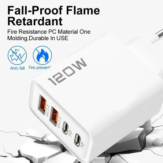 120W 4-Port USB Fast Charger – Type-C & USB Adapter for Phones