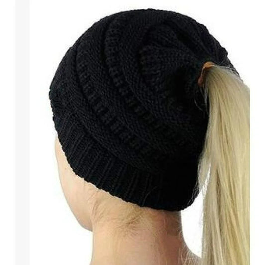 Women Winter Stretch Crochet Knitted Hat Messy Bun Ponytail Beanie Holey Warm Caps Solid Color Fashion Knit Cap Skullies