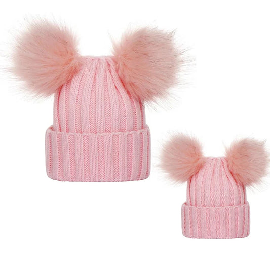 Winter Women Beanie Hats Faux Fur Ball Mother Kids Hats for Girls Boys Warm Knitted Bobbles Woman Cap Teenager Grils Beanies