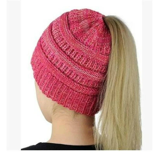 Women Winter Stretch Crochet Knitted Hat Messy Bun Ponytail Beanie Holey Warm Caps Solid Color Fashion Knit Cap Skullies