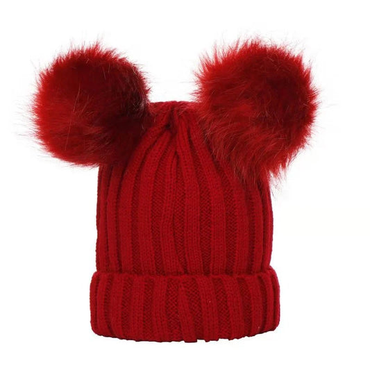 Winter Women Beanie Hats Faux Fur Ball Mother Kids Hats for Girls Boys Warm Knitted Bobbles Woman Cap Teenager Grils Beanies