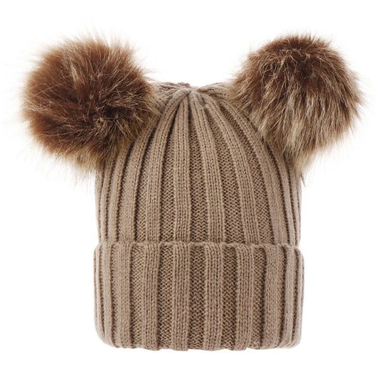Winter Women Beanie Hats Faux Fur Ball Mother Kids Hats for Girls Boys Warm Knitted Bobbles Woman Cap Teenager Grils Beanies