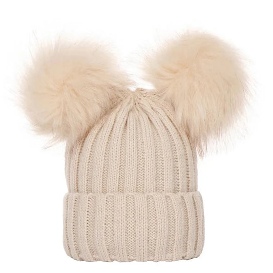 Winter Women Beanie Hats Faux Fur Ball Mother Kids Hats for Girls Boys Warm Knitted Bobbles Woman Cap Teenager Grils Beanies