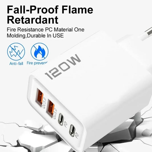 120W 4-Port USB Fast Charger – Type-C & USB Adapter for Phones