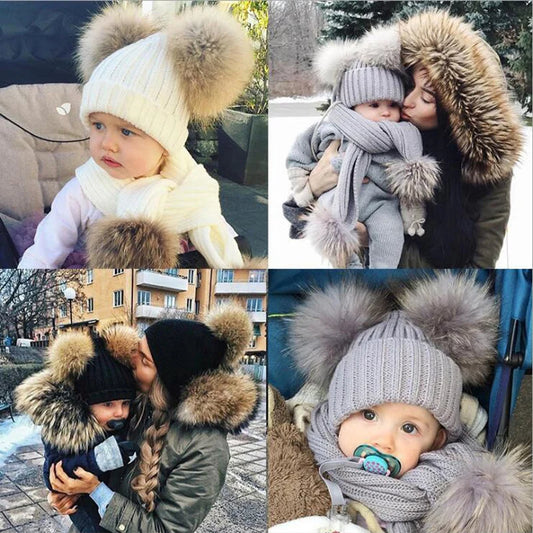 Winter Women Beanie Hats Faux Fur Ball Mother Kids Hats for Girls Boys Warm Knitted Bobbles Woman Cap Teenager Grils Beanies