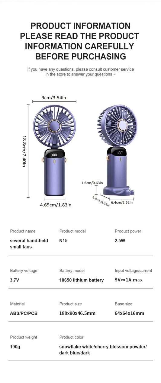 Handheld Mini Fan Foldable Portable Neck Hanging Fans 5 Speed USB Rechargeable Fan with Phone Stand and Display Screen 1800mAh