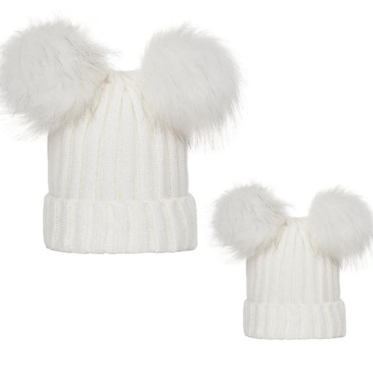 Winter Women Beanie Hats Faux Fur Ball Mother Kids Hats for Girls Boys Warm Knitted Bobbles Woman Cap Teenager Grils Beanies