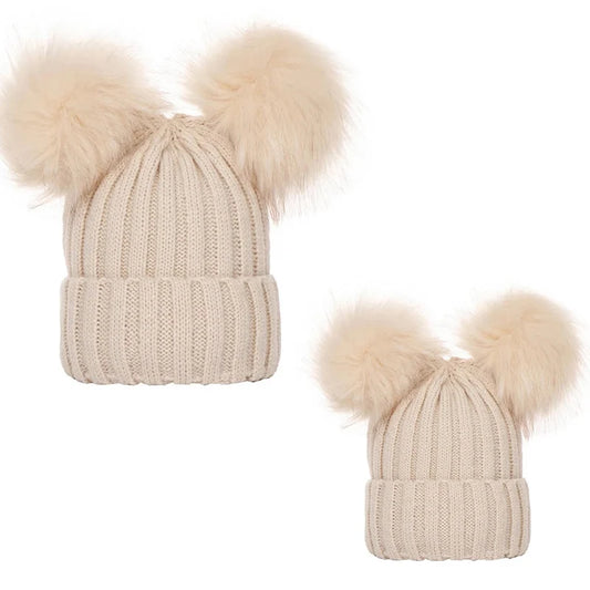 Winter Women Beanie Hats Faux Fur Ball Mother Kids Hats for Girls Boys Warm Knitted Bobbles Woman Cap Teenager Grils Beanies