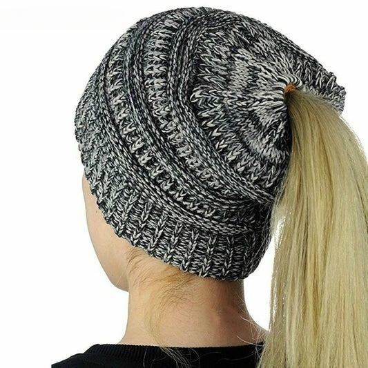 Women Winter Stretch Crochet Knitted Hat Messy Bun Ponytail Beanie Holey Warm Caps Solid Color Fashion Knit Cap Skullies