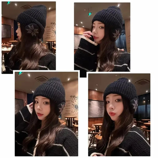 Men Women Winter Warm Plush Knitted Snow Fashion Hat Unisex New Outdoor Coldproof Ear Protection Wool Caps Snowflake logo
