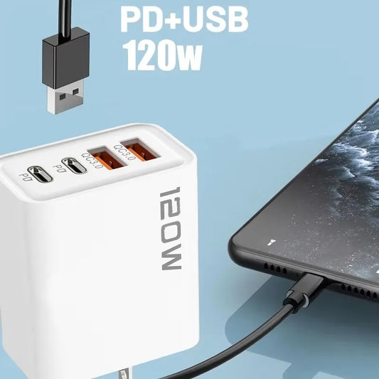 120W 4-Port USB Fast Charger – Type-C & USB Adapter for Phones