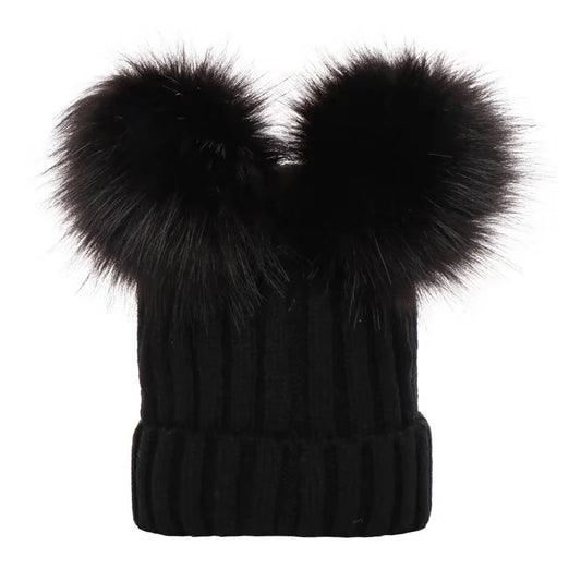 Winter Women Beanie Hats Faux Fur Ball Mother Kids Hats for Girls Boys Warm Knitted Bobbles Woman Cap Teenager Grils Beanies