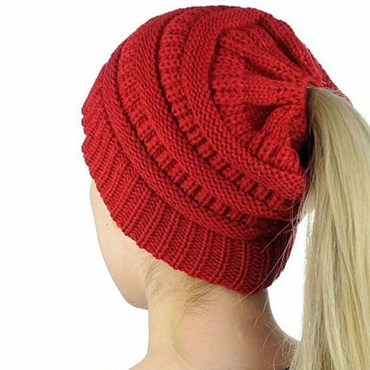 Women Winter Stretch Crochet Knitted Hat Messy Bun Ponytail Beanie Holey Warm Caps Solid Color Fashion Knit Cap Skullies