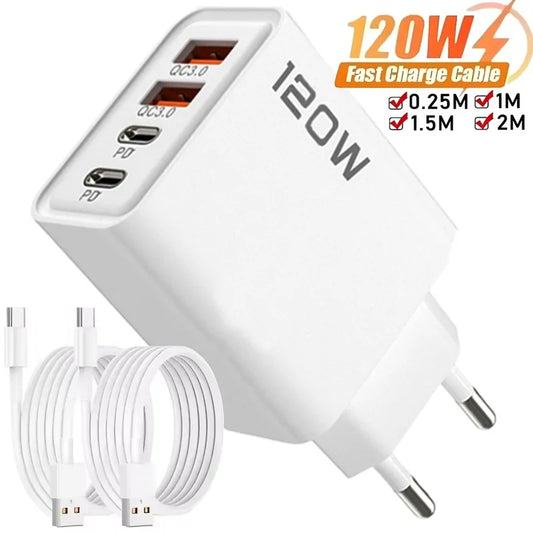 120W 4-Port USB Fast Charger – Type-C & USB Adapter for Phones