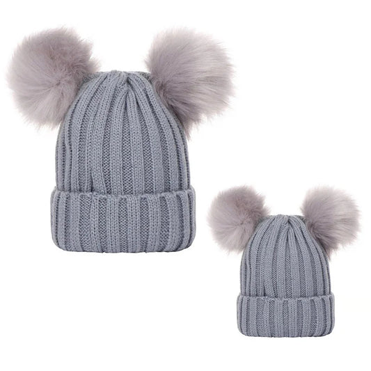Winter Women Beanie Hats Faux Fur Ball Mother Kids Hats for Girls Boys Warm Knitted Bobbles Woman Cap Teenager Grils Beanies