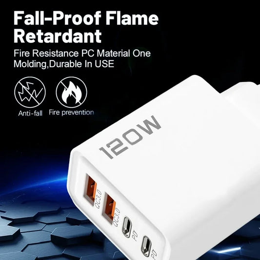 120W 4-Port USB Fast Charger – Type-C & USB Adapter for Phones