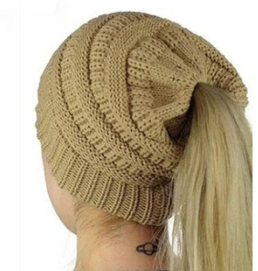 Women Winter Stretch Crochet Knitted Hat Messy Bun Ponytail Beanie Holey Warm Caps Solid Color Fashion Knit Cap Skullies