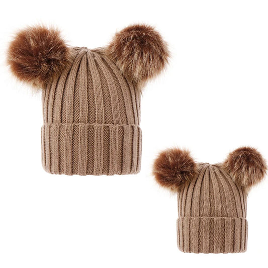 Winter Women Beanie Hats Faux Fur Ball Mother Kids Hats for Girls Boys Warm Knitted Bobbles Woman Cap Teenager Grils Beanies