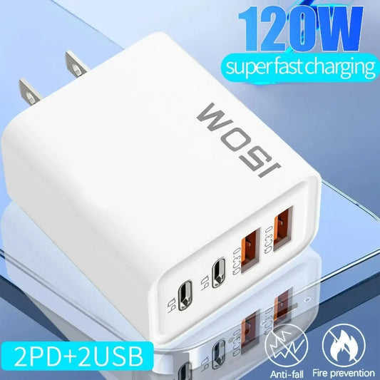 120W 4-Port USB Fast Charger – Type-C & USB Adapter for Phones