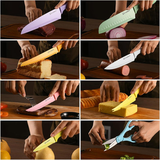 Color-coded Stainless Steel 30-piece Knife Set With Kitchen Cutting Board And Scissors, Rust-resistant And Dishwasher-safe